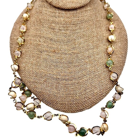 Vintage Long Quartz Necklace Caged Gemstone Semi-Precious Pastel Pink Green - Picture 2 of 7